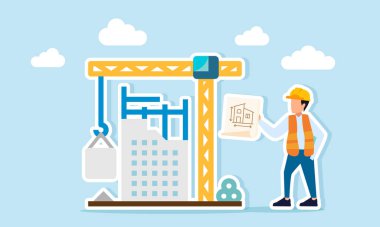 Mühendis, inşaat sahasının yanında proje denetimi ve denetiminin çizim kağıdını tutuyor.