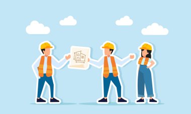 Kağıt projesiyle ilgili konuşan ve gözden geçiren bir grup mühendis, inşaat uygulaması üzerine yapılan tartışmaların illüstrasyonunu planlıyor