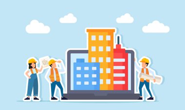 İnşaat planlarını inceleyen ve analiz eden birkaç mühendis dizüstü bilgisayarın yanında binaların resimlerini gösteriyorlar.