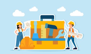 Proje evraklarını alet çantası ve kaskların yanında taşıyan erkek ve kadın mühendisler, projenin tamamlanmasına yönelik ekipman hazırlıklarının resimlerini çiziyor.