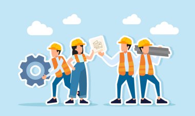 Birkaç mühendis proje evraklarını tartıştı. Diğerleri teçhizat taşıdı ve metal yığınlarını kaldırdı. Koordinasyon ve projeye hazırlık kontrolü.