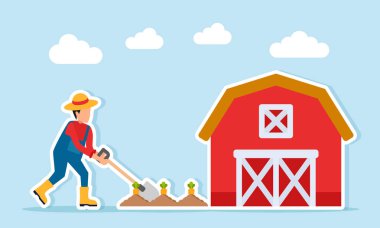 Ahırın yakınında ekin yetiştiren çiftçi, kendi kendine yetebilme ya da gıda güvenliği örneği.