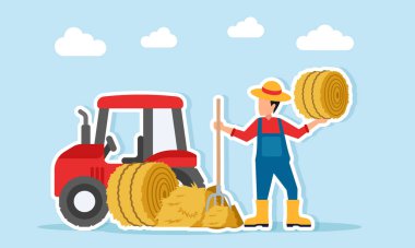 Samanlık ve traktörün yanında saman çöpü ve yaba taşıyan çiftçi, kendi kendine yetebilme ve yiyecek güvenliğinin bir göstergesi.