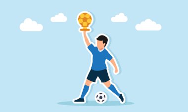 Futbolcu elinde top şeklinde bir kupa tutarken topu sürüyor. Dünyanın en iyi futbolcusu ödülü.