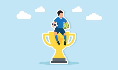 Futbol oyuncusu elinde top ve taktik tahtası tutarken aynı zamanda bir futbol ligi ya da turnuva kazanmak için bir strateji illüstrasyonunun üzerinde oturuyor.