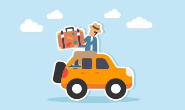 Dünya Turizm Günü kutlamalarının kıymetini bilmek için sarı araba illüstrasyonunda oturan şapkalı adam.