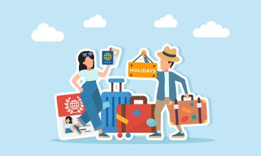Şapkalı adam bavul ve tatil tabelası taşıyan gözlüklü kadınla konuşuyor. Pasaport belgesi ve bagaj illüstrasyonunun yanındaki Dünya Turizm Günü kutlamaları için bilet tutuyor.