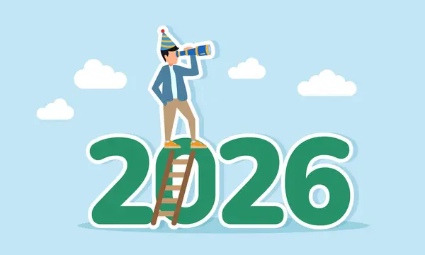 Man wearing party hat climbing number 2026 with ladder observing surroundings using telescope illustration of exploring prospects and opportunities in the new year