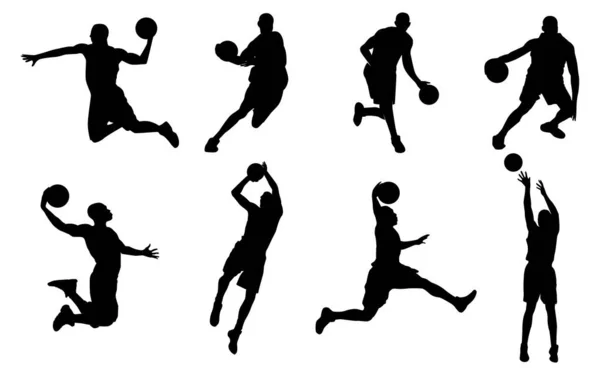 Basketbol Oyuncularının Siluetlerin Basketbol Siluetlerinin Vektör Kümesi Vektör Illüstrasyon Tasarımı — Stok Vektör