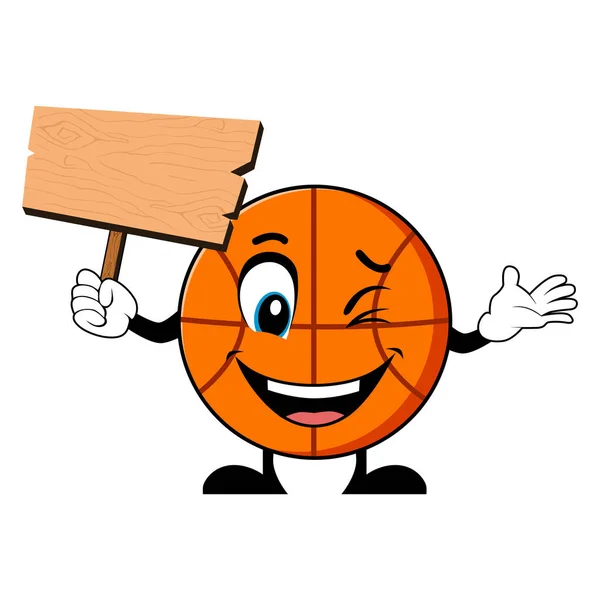 Basketball Mascot Cartoon Holding Blank Wood Sign Inglés Mascota Vector — Vector de stock