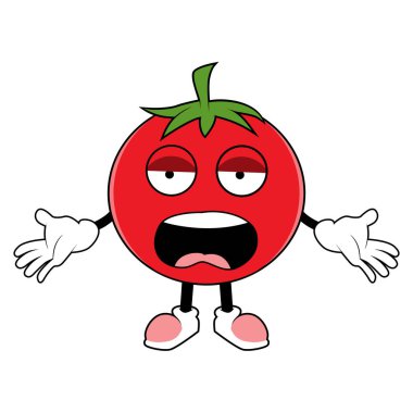 Kızgın yüzlü domates meyveli çizgi film maskotu. Çeşitli şirin ifadeli kırmızı domates karakterinin vektör illüstrasyonu
