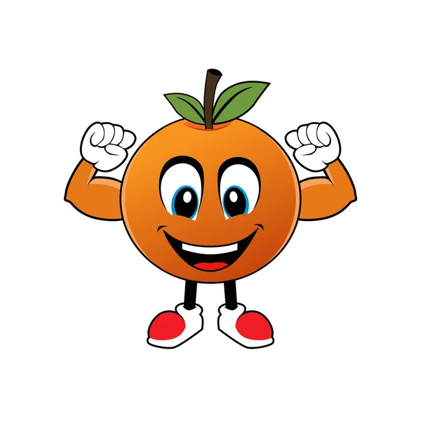 Gülümseyen Portakal Meyveli Kas Kolları Maskotu Etiket Maskotu Logosu Için — Stok Vektör