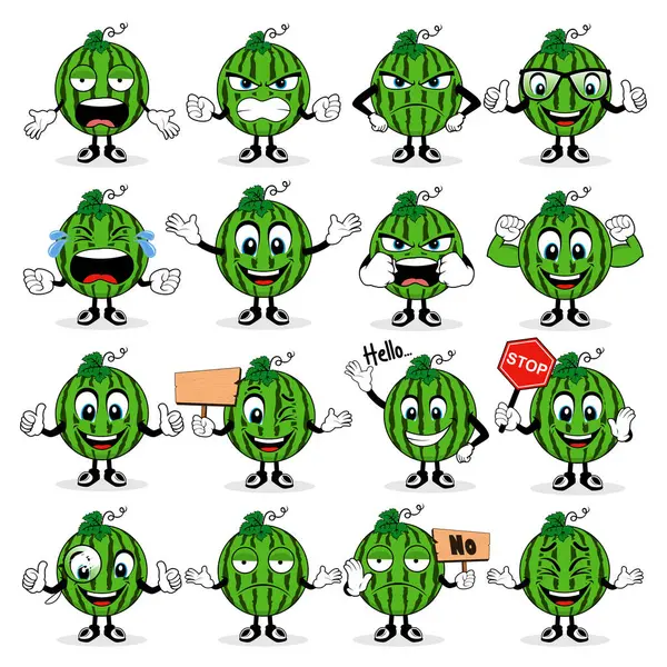 Watermelon Mascot Different Emotions Set Cartoon Style Vector — Stock Vector