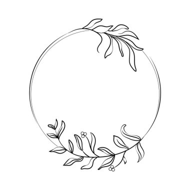 Elle çizilmiş yabani otlar ve çiçeklerle zarif daire çerçeveler.