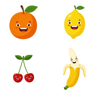 Muz, portakal, limon ve gülümseyen yüzleri ve uzuvları olan kiraz gibi çeşitli meyve karakterlerinin çizgi film çizimi