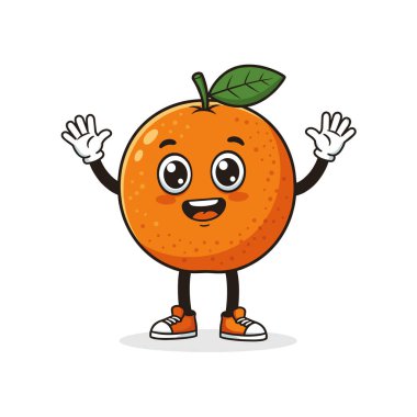 Büyük gözleri, beyaz eldivenleri ve spor ayakkabılarıyla mutlu bir şekilde el sallayan yassı vektör portakal renkli çizgi film karakteri.
