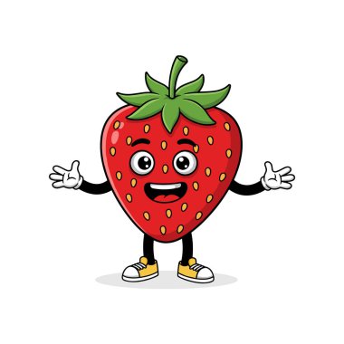 Büyük gözleri, kolları ve spor ayakkabılarıyla beyaz arka planda gülümseyen düz bir çilek çizgi filmi karakteri.