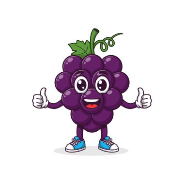 Beyaz arka planda gülümseyen, geniş gözlü, kollu ve spor ayakkabılı yassı bir üzüm çizgi filmi karakteri.