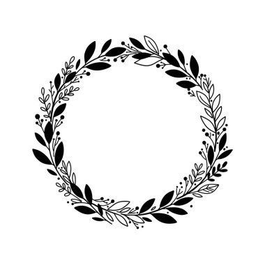 Dal dalları ve yuvarlak yapraklı, siyah beyaz bir çelenk. Çiçeksel çerçeve, minimal tasarım. Soyut dallardan oluşan bitki sınırı. Vektör illüstrasyonu beyaz arkaplanda izole edildi