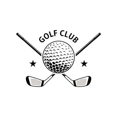 Çapraz çubuklu golf sopası ve beyaz arka planda izole edilmiş bir golf topu.