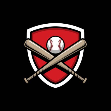 Beyzbol rozeti logosu ve çapraz beyzbol sopası ve top. Siyah arkaplanda beyzbol logosu şablonu