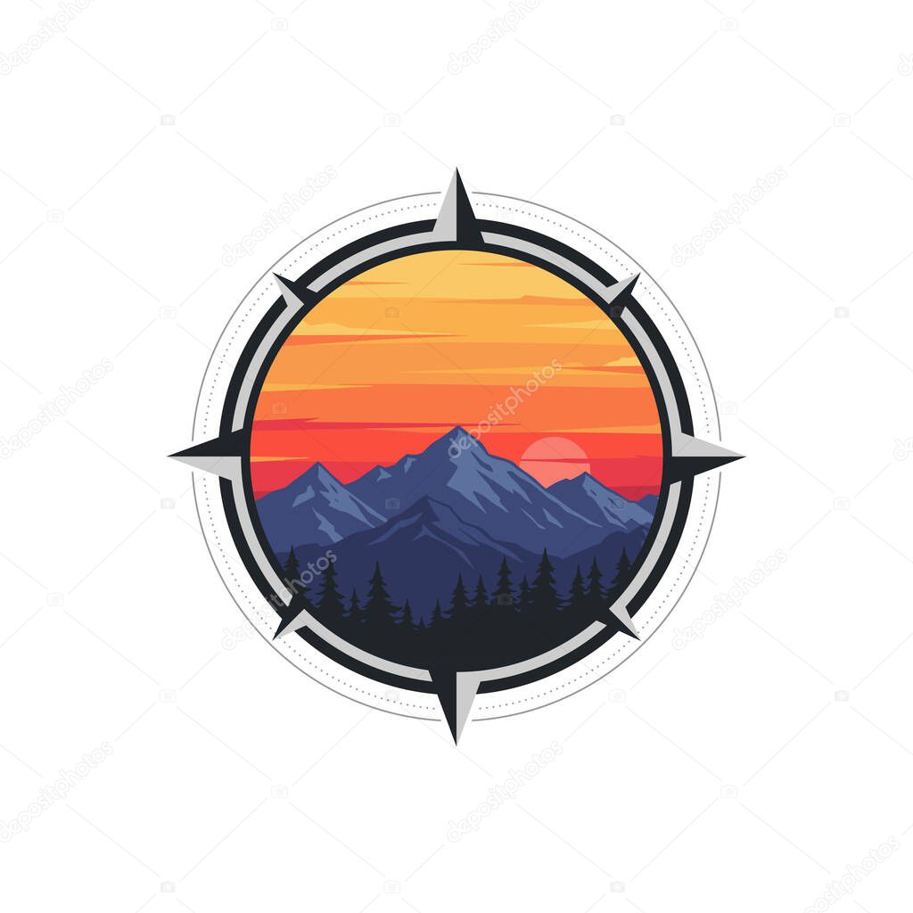 Adventure company logo badge with mountains and sunset inside compass rose on white background