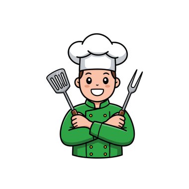 Katlanmış kollarıyla gülümseyen ve elinde çatal ve spatula tutan yassı vektör çizgi film şefi.