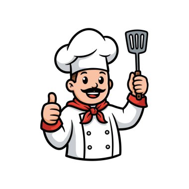 Mutlu bir şef çizgi film karakteri. Baş parmakları havada, gülümsüyor ve elinde beyaz arka planda bir spatula tutuyor.