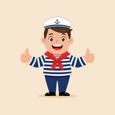 Bir denizci çizgi film karakterinin renkli düz çizimi, bir şapka ve çapa, denizcilik ve deniz temalı projeler için harika