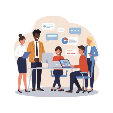 Takım çalışması büyüme grafiği trend kavramını analiz ediyor. Beyaz arkaplan ile düz tasarım vektör çizimi