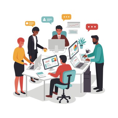 Bilgi ve bilgi grafikleriyle sunum ve çalışma. Beyaz arkaplan ile düz tasarım vektör çizimi