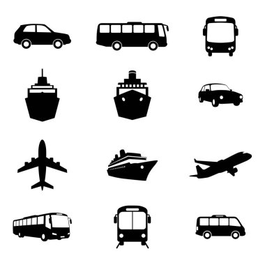 Ulaşım simgeleri seti araç otobüsü yolcu uçağı siyah siluet