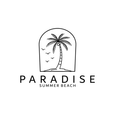 Palm veya Coconut Line Sanat Logosu Vektör İllüstrasyon Tasarımı. Vintage Hand Drawn Palm Logo Şablonu Tasarımı. Ada Logosu 'nda Gün Batımı