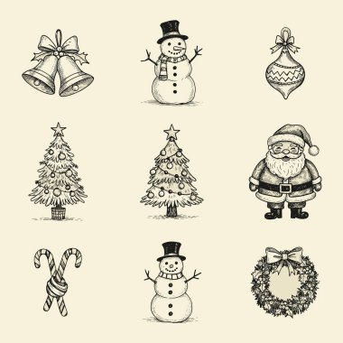 El yapımı Vintage Noel Simgesi Sketch Style, Bells, Wreath, Snowman, Tree ve More