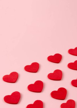 Valentine's Day Pink card with red hearts, art, copyspace