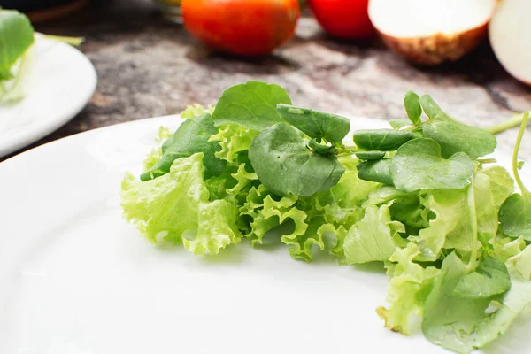 Mixed Leafy Greens Salad Lettuce Arugula White Plate — Stock Photo, Image