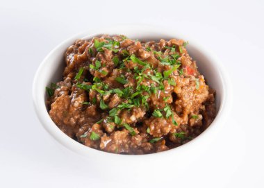 Savory Cooked Ground Beef, Top View, tecrit edilmiş, Beyaz Arkaplan