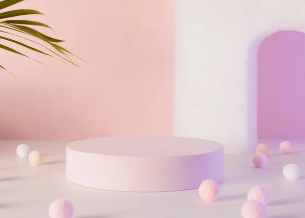 Abstract Room Realistic Cylinder Pedestal Podium Set Palm Leaf Minimal — Stock Photo, Image
