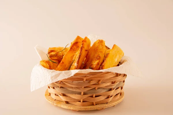 Top View Delicious Fried Cassava Handcrafted Wooden Bowl White Studio — Stock Photo, Image