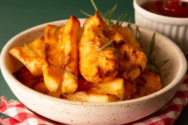 Top view Lezzetli Kızarmış Cassava Yeşil Stüdyo Arkaplanındaki Beyaz Seramik Kasede