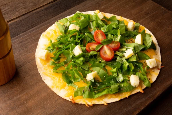 Arugula Homemade Pizza Pan Cheese Cherry Tomatoes Wooden Table Tow — Stock Photo, Image
