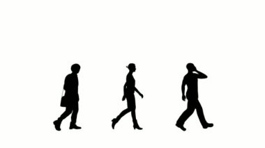 Silüet insanlar beyaz arka planda yürürler. Silüet siyah insanlar beyaz ekran ile iletişim kuruyor. Animasyon için dizayn, ayakta duran, izole eden, konuşan, konuşan, insan, insan, siluet vücut.