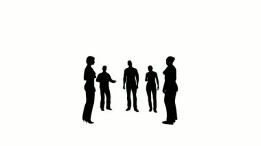 Silüet insanlar beyaz arka planda konuşur. Silüet adam siyah insanlar beyaz ekranla iletişim kuruyor. Animasyon için dizayn, ayakta duran, izole eden, konuşan, konuşan, insan, insan, siluet vücut.