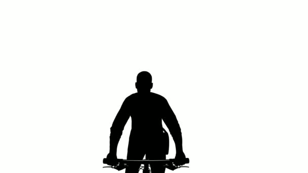 シルエットの人々は白い背景に乗っている シルエットブラックの人がバイクの白い画面に乗ってる アニメーション シルエットボディ バイクのためのデザイン — ストック動画