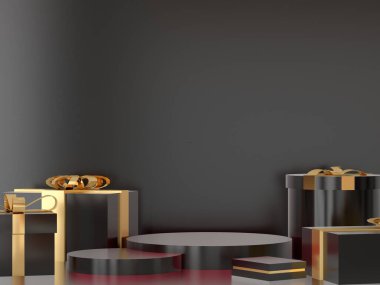 Noel kaidesi podyumu konsepti. Noel nesnesi ve siyah arkaplanı olan bir sahne, siyah ürün sergisi, lüks 3D görüntüleme. Noel hediyesi, vitrin, kozmetik, podyum ürünü..