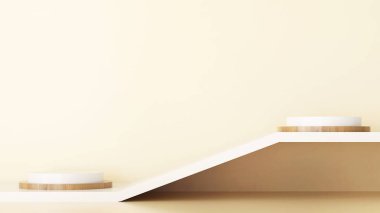 3D noel podyumu. Noel altın eşyası ve krem arka planı olan bir sahne, beyaz ürün sergisi, lüks 3D görüntüler. Noel hediyesi, vitrin, kaide, kozmetik, gösteri odası, podyum ürünü..