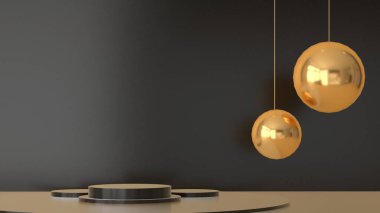 3D noel podyumu. Noel altın eşyası ve siyah arkaplanı olan bir sahne, beyaz ürün sergisi, lüks 3D tasarım. Noel hediyesi, vitrin, kaide, kozmetik, gösteri odası, podyum ürünü..