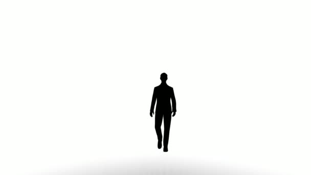 シルエットの人は白い背景を歩く シルエットブラックの人が白い画面を伝えてる アニメーション シルエットの体のためのデザイン — ストック動画