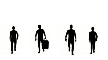 Silüet insanlar beyaz arka planda yürürler. Silüet siyah insanlar beyaz ekranla iletişim kuruyor.