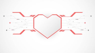 Beyaz kırmızı kalp teknolojisi sevgililer günü arka planı soyut. Hat, dijital, kalp, nokta, yüksek teknoloji, sevgililer günü konsepti, vektör. Sevgililer Günü için kalp teknolojisi, geçmiş, web pankartı.